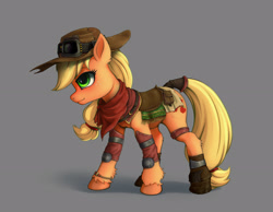 Size: 2600x2020 | Tagged: safe, artist:zetamad, derpibooru import, applejack, earth pony, pony, alternate clothes, clothes, ear fluff, ears, female, freckles, gray background, green eyes, high res, hoof fluff, leg fluff, mare, saddle, shadow, simple background, solo, standing, unshorn fetlocks