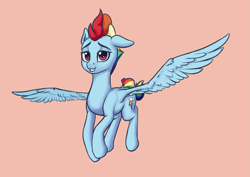 Size: 4093x2894 | Tagged: safe, artist:koshakevich, derpibooru import, rainbow dash, pegasus, pony, the last problem, ear down, female, flying, high res, looking at you, mare, older, older rainbow dash, pink background, simple background, smiling, solo, spread wings, wings