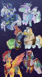 Size: 1200x2185 | Tagged: safe, artist:bunnari, derpibooru import, flash magnus, meadowbrook, mistmane, rockhoof, somnambula, star swirl the bearded, pony, alternate design, pillars of equestria, race swap