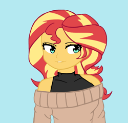 Size: 1601x1536 | Tagged: safe, artist:artevi, derpibooru import, sunset shimmer, equestria girls, blue background, clothes, female, simple background, solo, sweater