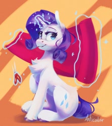 Size: 944x1062 | Tagged: safe, artist:anticular, derpibooru import, rarity, pony, unicorn, abstract background, chest fluff, fabric, female, glowing, glowing horn, horn, levitation, magic, mare, scissors, sitting, smiling, solo, telekinesis