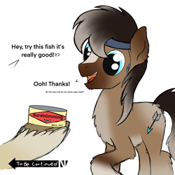 Size: 1648x1646 | Tagged: safe, artist:dyonys, derpibooru import, oc, oc only, oc:blizzard, oc:ice shard, pony, canned food, fluffy, headband, hooves, meme, snowpony (species), surstromming, surströmming, taiga pony, text, this will end in pain, this will end in sickness, tin can, to be continued, to be continued (meme), yakutian horse