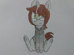 Size: 2064x1548 | Tagged: safe, artist:cherro, derpibooru import, oc, oc only, oc:drawing ink, pony, unicorn, :3, clothes, glasses, hoodie, solo, traditional art