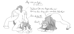 Size: 2965x1370 | Tagged: artist needed, safe, derpibooru import, oc, oc:mystic figure, oc:tough fog, earth pony, pony, unicorn, black and white, dialogue, digital art, face down ass up, grayscale, jacko challenge, meme, monochrome, original character do not steal, rule 63, unshorn fetlocks