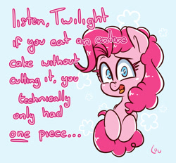 Size: 1500x1394 | Tagged: safe, artist:lou, derpibooru import, pinkie pie, earth pony, pony, dialogue, looking at you, offscreen character, solo