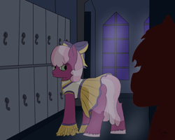 Size: 1000x800 | Tagged: safe, artist:schumette14, derpibooru import, cheerilee, earth pony, pony, butt, cheerileeder, cheerleader, flowerbutt, locker room, lockers, looking back, night