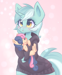 Size: 667x800 | Tagged: safe, artist:valeria_fills, derpibooru import, bon bon, lyra heartstrings, sweetie drops, semi-anthro, unicorn, blush sticker, blushing, clothes, dig the swell hoodie, eyes closed, female, hoodie, mare, plushie, solo, toy