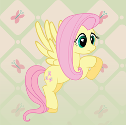 Size: 1600x1590 | Tagged: safe, artist:spectty, derpibooru import, fluttershy, pegasus, pony, abstract background, cute, cutie mark background, female, hooves together, mare, scrunchy face, shyabetes, solo, spread wings, three quarter view, wings