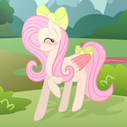 Size: 1200x1200 | Tagged: safe, artist:elisabetstarsparkle, derpibooru import, oc, oc only, pegasus, pony, blushing, bow, colored wings, eyes closed, female, hair bow, mare, not fluttershy, offspring, parent:big macintosh, parent:fluttershy, parents:fluttermac, raised hoof, raised leg, tail, tail bow, wings