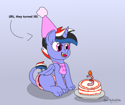 Size: 3633x3030 | Tagged: safe, artist:lynnthenerdkitty, derpibooru import, oc, oc only, oc:frema, hybrid, pony, birthday cake, cake, diaper, eye clipping through hair, food, gradient background, high res, open mouth, open smile, smiling, solo