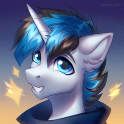 Size: 2000x2000 | Tagged: safe, artist:fenwaru, derpibooru import, oc, oc only, oc:solar gizmo, pony, unicorn, grin, high res, horn, looking at you, male, smiling, smiling at you, solo, stallion, unicorn oc