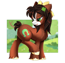 Size: 2809x2750 | Tagged: safe, artist:pridark, derpibooru import, trouble shoes, troubleheels clara, earth pony, pony, cutie mark, eyebrows, eyebrows visible through hair, female, frown, high res, looking back, mare, open mouth, patreon, patreon reward, raised hoof, raised leg, rule 63, simple background, solo, transparent background, unshorn fetlocks