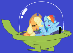 Size: 647x472 | Tagged: safe, artist:guihercharly, derpibooru import, applejack, rainbow dash, appledash, driving, female, glass dome, hanna barbera, laughing, lesbian, shipping, space car, space ship, the jetsons