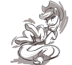 Size: 2712x2425 | Tagged: safe, artist:kam, derpibooru import, applejack, earth pony, pony, cutie mark, female, frown, hat, high res, lying down, mare, monochrome, on back, simple background, solo, tail, white background