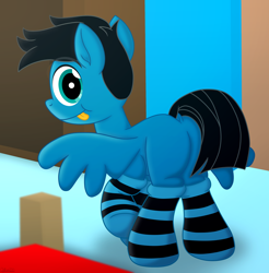 Size: 6494x6600 | Tagged: safe, artist:agkandphotomaker2000, derpibooru import, oc, oc:pony video maker, pegasus, pony, bed, bedroom, blurred object, butt, closet, clothes, dock, looking at you, raised hoof, raised leg, socks, solo, spread wings, striped socks, tail, tongue, tongue out, wings