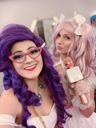 Size: 810x1080 | Tagged: safe, artist:sarahndipity cosplay, derpibooru import, rarity, sweetie belle, human, clothes, cosplay, costume, glasses, irl, irl human, microphone, photo
