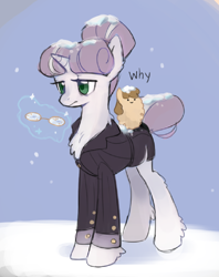 Size: 924x1167 | Tagged: safe, artist:marbo, ponerpics import, oc, oc only, oc:tuesday, oc:twosday, pony, unicorn, :), blob ponies, chest fluff, clothes, coat, dot eyes, drawthread, duo, duo female, female, fluffy, glasses, hair bun, horn, magic, mare, smiley face, smiling, snow, telekinesis, tired, weekday ponies, why