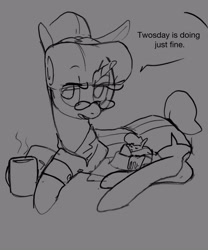 Size: 2500x3000 | Tagged: safe, artist:rirurirue, ponerpics import, oc, oc only, oc:tuesday, oc:twosday, pony, unicorn, blob ponies, clothes, coffee, coffee mug, dialogue, drawthread, duo, duo female, eyes closed, female, glasses, gray background, grayscale, mare, monochrome, mug, scarf, simple background, smiling, speech bubble, weekday ponies