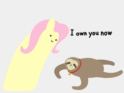 Size: 2048x1536 | Tagged: safe, artist:2merr, ponerpics import, fluttershy, sloth, :), blob ponies, collar, dialogue, dot eyes, drawn on phone, female, gray background, simple background, smiley face, smiling