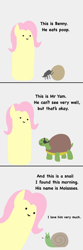 Size: 680x2040 | Tagged: safe, artist:2merr, ponerpics import, fluttershy, beetle, insect, tortoise, 3 panel comic, :), animal, blob ponies, comic, dialogue, dot eyes, drawn on phone, drawthread, dung beetle, eyepatch, female, gray background, simple background, smiley face, smiling, snail, talking to viewer