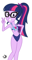 Size: 2209x4096 | Tagged: safe, artist:flutteryaylove, derpibooru import, sci-twi, twilight sparkle, better together, equestria girls, forgotten friendship, bikini, clothes, female, grin, high res, looking at you, peace sign, sci twi is watching you, simple background, smiling, smiling at you, solo, swimsuit, white background