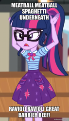 Size: 647x1140 | Tagged: safe, derpibooru import, edit, edited screencap, screencap, sci-twi, twilight sparkle, better together, equestria girls, holidays unwrapped, imitation krabs, spongebob squarepants, the cider louse fools