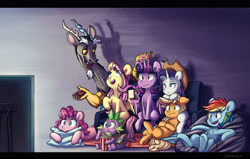 Size: 4147x2637 | Tagged: safe, artist:chub-wub, derpibooru import, applejack, discord, fluttershy, pinkie pie, rainbow dash, rarity, spike, twilight sparkle, twilight sparkle (alicorn), alicorn, dragon, earth pony, pegasus, pony, unicorn, applejack's hat, clothes, cowboy hat, eyebrows, eyebrows visible through hair, female, food, frown, glowing, glowing horn, hat, high res, horn, levitation, looking at each other, magic, magic aura, male, mane seven, mane six, mare, missing cutie mark, notebook, open mouth, open smile, pencil, pillow, popcorn, smiling, smiling at each other, telekinesis, television, winged spike, wings