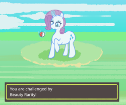 Size: 1200x1000 | Tagged: safe, artist:duckchip, derpibooru import, rarity, unicorn, battlefield, challenge, nintendo, nintendo ds, no tail, pokéball, pokémon, pokémon trainer, simple, simple background, solo