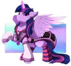 Size: 3680x3448 | Tagged: safe, artist:pridark, derpibooru import, twilight sparkle, twilight sparkle (alicorn), alicorn, pony, badass, chains, chest fluff, clothes, ear fluff, ears, female, glowing, glowing horn, high res, horn, jacket, jewelry, mare, necklace, socks, solo, spread wings, striped socks, wings