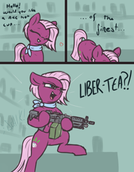 Size: 2340x3000 | Tagged: safe, artist:t72b, derpibooru import, jasmine leaf, earth pony, pony, bipedal, comic, eyes closed, female, gun, hoof hold, m249, machine gun, mare, neckerchief, pun, solo, weapon