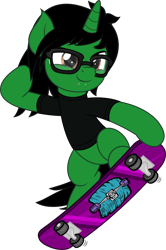 Size: 5000x7530 | Tagged: safe, artist:jhayarr23, derpibooru import, pony, unicorn, clothes, commission, glasses, horn, male, pierce the veil, piercing, ponified, shirt, simple background, skateboard, slit eyes, smiling, snake bites, solo, stallion, t-shirt, tony perry, transparent background, vector, ych result