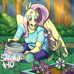 Size: 1500x1500 | Tagged: artist needed, safe, derpibooru import, fluttershy, anthro, pegasus, advertisement, digital art, flower, hoers, solo, sunlight, watering can