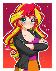 Size: 2520x3200 | Tagged: safe, artist:kittyrosie, derpibooru import, sunset shimmer, equestria girls, :c, adorasexy, blushing, breasts, cleavage, clothes, crossed arms, cute, frown, human coloration, jacket, looking at you, no u, sexy, shimmerbetes, sunset jiggler, talking to viewer