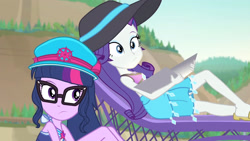 Size: 3410x1920 | Tagged: safe, derpibooru import, screencap, rarity, sci-twi, twilight sparkle, better together, equestria girls, forgotten friendship, beach, bikini, cap, clothes, duo, duo female, female, geode of shielding, geode of telekinesis, glasses, hat, high res, jewelry, lounge chair, magical geodes, necklace, one-piece swimsuit, ponytail, sarong, sleeveless, swimsuit