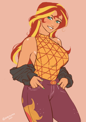 Size: 1240x1754 | Tagged: safe, artist:nire, derpibooru import, sunset shimmer, equestria girls, bare shoulders, blushing, breasts, clothes, curvy, jacket, looking at you, music festival outfit, nail polish, sideboob, smiling, smiling at you, sunset jiggler