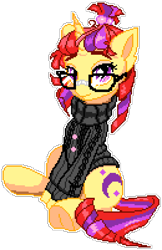 Size: 910x1407 | Tagged: safe, artist:dstears, artist:epicvon, derpibooru import, moondancer, pony, unicorn, clothes, cute, dancerbetes, female, glasses, looking at you, manepxls, mare, pixel art, pxls.space, simple background, sitting, solo, sweater, transparent background