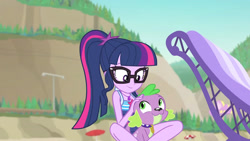 Size: 3410x1920 | Tagged: safe, derpibooru import, screencap, sci-twi, spike, spike the regular dog, twilight sparkle, dog, equestria girls, equestria girls series, forgotten friendship, beach, clothes, cute, female, geode of telekinesis, glasses, high res, jewelry, lounge chair, magical geodes, male, necklace, one-piece swimsuit, ponytail, sleeveless, smiling, spikabetes, swimsuit, twiabetes