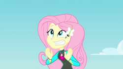 Size: 3410x1920 | Tagged: safe, derpibooru import, screencap, fluttershy, better together, equestria girls, forgotten friendship, clothes, female, geode of fauna, gritted teeth, hairpin, high res, jewelry, magical geodes, necklace, solo, swimsuit, teeth, wetsuit