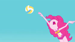 Size: 3410x1920 | Tagged: safe, derpibooru import, screencap, pinkie pie, better together, equestria girls, forgotten friendship, clothes, female, geode of sugar bombs, high res, jewelry, looking up, magical geodes, necklace, nose in the air, one-piece swimsuit, open mouth, pinkie pie swimsuit, sleeveless, solo, sports, swimsuit, volleyball