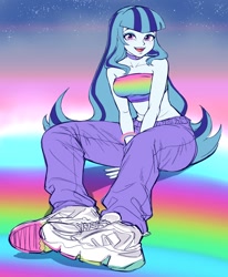 Size: 1088x1320 | Tagged: safe, artist:nairdags, derpibooru import, sonata dusk, equestria girls, bare shoulders, bracelet, breasts, choker, clothes, female, happy, jewelry, open mouth, open smile, rainbow, shoes, sleeveless, smiling, sneakers, solo, sonata bust, stars, strapless, tube top