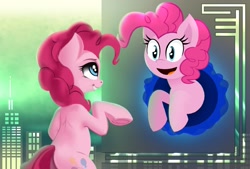 Size: 1593x1080 | Tagged: safe, artist:darksly, artist:isaac_pony, derpibooru import, pinkie pie, earth pony, pony, collaboration, bipedal, cute, diapinkes, duality, happy, looking at each other, self ponidox, smiling, solo