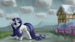 Size: 4000x2250 | Tagged: safe, artist:flusanix, derpibooru import, rarity, pony, unicorn, magical mystery cure, alternate cutie mark, blue eyes, checkered clouds, daytime, ears, female, fence, floppy ears, high res, horn, house, long mane, mare, outdoors, rain, sad, scene interpretation, solo, standing, swapped cutie marks, wet, wet mane, wet mane rarity