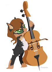Size: 454x633 | Tagged: safe, artist:ponipoke, derpibooru import, oc, oc only, earth pony, pony, bipedal, cello, chest fluff, fluffy, green eyes, hoof hold, musical instrument, signature, simple background, solo, white background