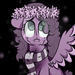 Size: 887x887 | Tagged: safe, artist:millefaller, derpibooru import, oc, oc only, pegasus, pony, clothes, colored wings, crying, eye clipping through hair, eyelashes, female, floral head wreath, flower, mare, pegasus oc, scarf, smiling, solo, two toned wings, wings