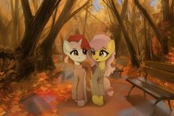 Size: 1920x1280 | Tagged: safe, artist:freeedon, derpibooru import, oc, oc only, oc:rubystrings, earth pony, pony, unicorn, autumn, bench, clothes, female, forest, hoodie, leaves, mare, not fluttershy, path, sweater, tree