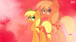 Size: 1440x799 | Tagged: safe, artist:skypaw122, derpibooru import, applejack, earth pony, pony, abstract background, eyelashes, female, hat, mare, signature, smiling, zoom layer