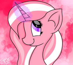 Size: 900x799 | Tagged: safe, artist:skypaw122, derpibooru import, oc, oc only, pony, unicorn, abstract background, bust, glowing, glowing horn, horn, signature, smiling, solo, unicorn oc