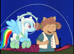 Size: 656x480 | Tagged: safe, artist:guihercharly, derpibooru import, rainbow dash, pegasus, pony, scare master, 1000 hours in ms paint, arthur, astrodash, astronaut, clothes, costume, crossover, driving, glass dome, laughing, space car, spaceship, sue ellen armstrong, the jetsons
