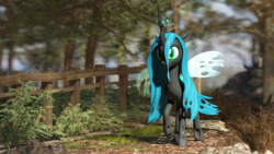 Size: 3840x2160 | Tagged: safe, artist:freasaloz, derpibooru import, queen chrysalis, changeling, 3d, fence, forest, solo, source filmmaker, tree