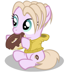 Size: 2940x3220 | Tagged: safe, artist:strategypony, derpibooru import, oc, oc only, oc:lazzy butt, earth pony, pony, clothes, donut, earth pony oc, eating, female, filly, foal, food, high res, hoodie, hoof hold, looking up, shadow, simple background, sitting, solo, transparent background